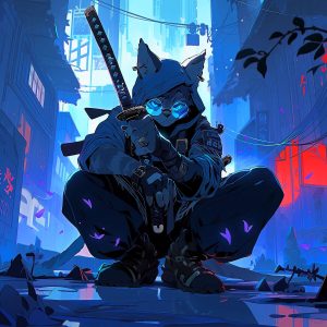 Art print Samurai Animals – Razor – Blue Cat